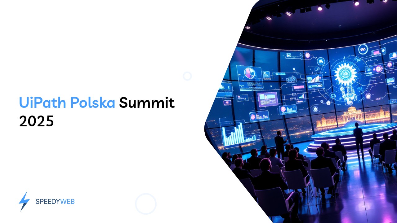 Konferencyjna scena technologiczna UiPath Polska z holograficznym robotem i motywem automatyzacji agentowej