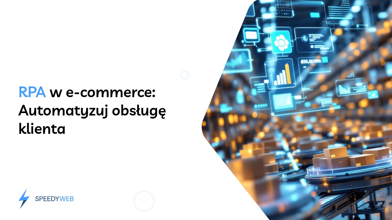 Grafika centrum e-commerce z robotami sortującymi paczki, symbol rpa robotyzacja obsługi klienta