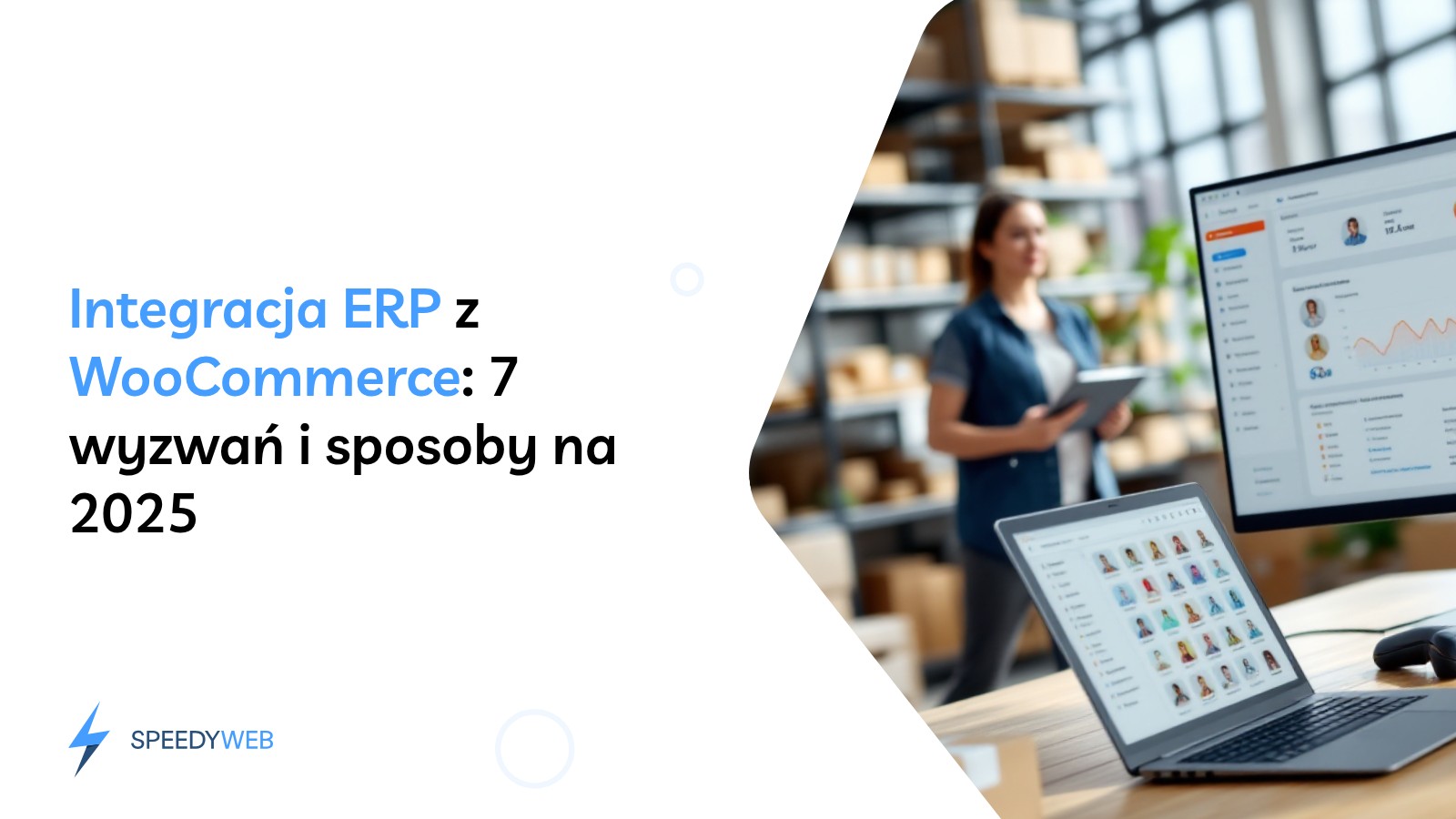 integracja ERP z WooCommerce przedstawiona jako synchronizacja danych między laptopem a monitorem w nowoczesnym biurze e-commerce