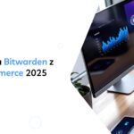Laptop z panelem WooCommerce i monitor z menedżerem haseł Bitwarden, przedstawiające Integracja Bitwarden z WooCommerce